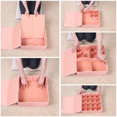  HOMESGU 3 Set Adjustable Storage Box Fabric Storage Bins Foldable Closet Underwear Organizer Drawer Divider kit for Underwear Bras Socks Ties(Set(Bra Box+16-Grid+24-Grid), Dot Pink