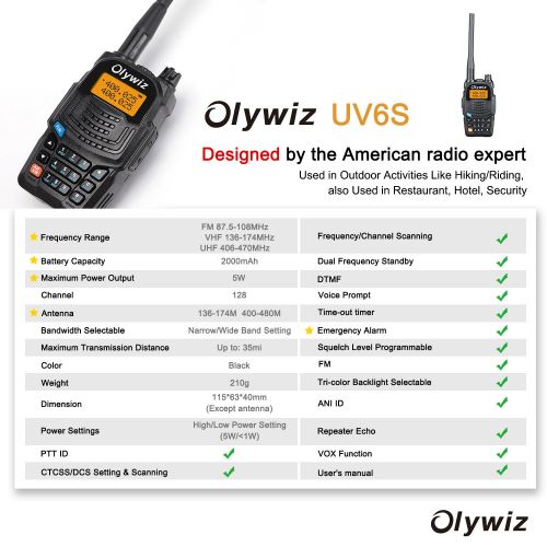 Wotetaike Olywiz Walkie Talkies Olywiz UV6S Two Way Radio Dual Band 5W Long Range 2000mAh Rechargeable Battery VHFUHF 136-174406-470MHz VOX Flashlight Portable Ham Radio for Outdoor 2 Pack