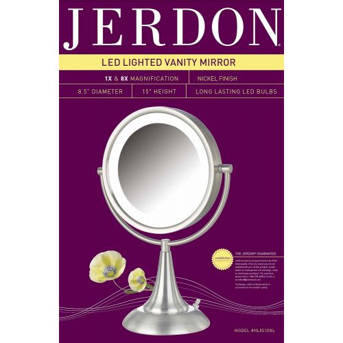  Jerdon HL8510NL 8.5-Inch Tabletop Two-Sided Swivel LED Lighted Vanity Mirror with 8x Magnification, Nickel Finish