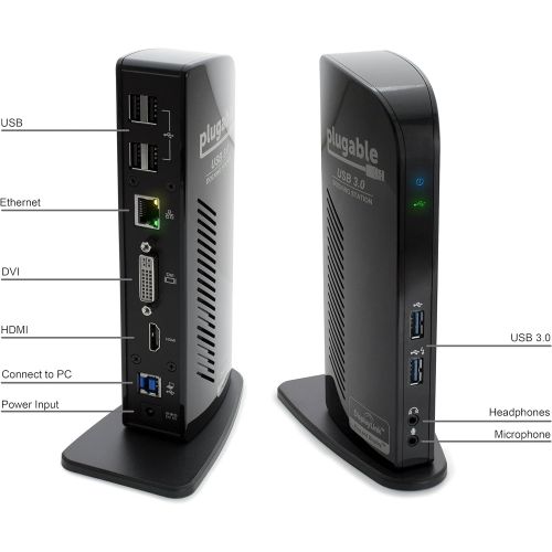  Plugable USB 3.0 Universal Laptop Docking Station for Windows (Dual Video HDMI & DVIVGA, Gigabit Ethernet, Audio, 6 USB Ports) (Certified Refurbished)