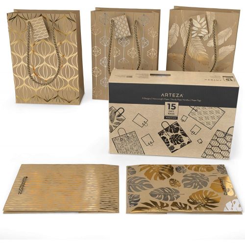  [아마존핫딜][아마존 핫딜] ARTEZA Gift Bags 9.5”x7”x3.4”, Set of 15 with an Assortment of 5 Unique Metallic Foil Designs on Kraft Paper (3 of Each Design), for Christmas Gifts, Birthday Parties, Wedding Pres