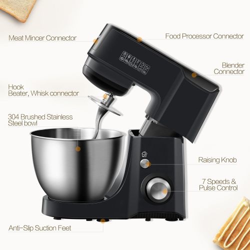  COMFEE Comfee 4.75Qt 7-in-1 Multi Functions Tilt-Head ABS housing Stand Mixer with SUS Mixing Bowl. 4 Outlets with 7 Speeds & Pulse Control and 15 Minutes Timer Planetary Mixer ¡­