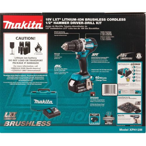  Makita XPH12M 18V LXT Lithium-Ion Brushless Cordless 12 Hammer Driver-Drill Kit (4.0Ah), (Discontinued by Manufacturer)