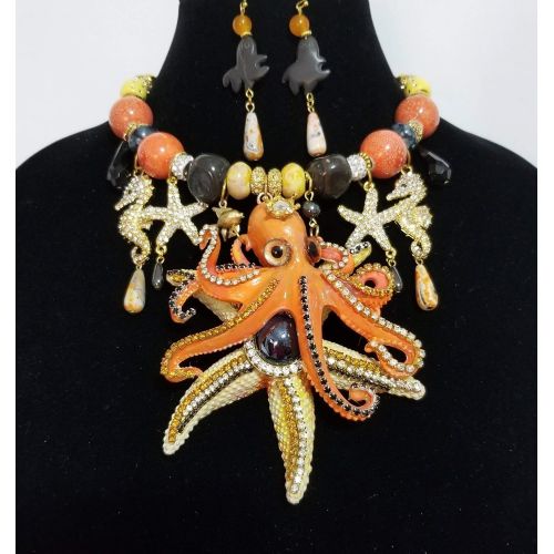  Claire Kern Creations Big Hand Painted Crystal Octopus Seahorse Starfish Nautical Necklace 2 x Earrings Signed One of a Kind