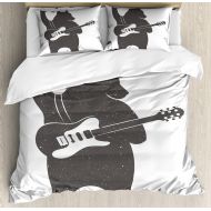 Ambesonne Bear Duvet Cover Set, Fun Character Musician with Guitar and Hand Gesture Grunge Retro Rock n Roll, Decorative 3 Piece Bedding Set with 2 Pillow Shams, King Size, White