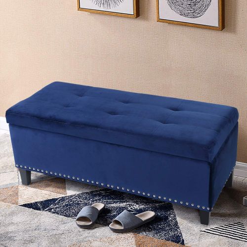  Adeco Fabric Sturdy Design Rectangular Tufted Lift Top Storage Ottoman Bench Footstool with Solid Wood Legs