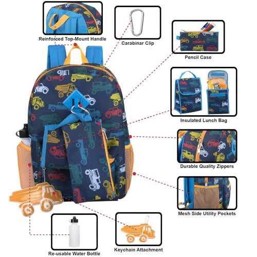  Trail maker Boys 6 in 1 Backpack Set With Lunch Bag, Pencil Case, Bottle, Keychain, Clip (Trucks)
