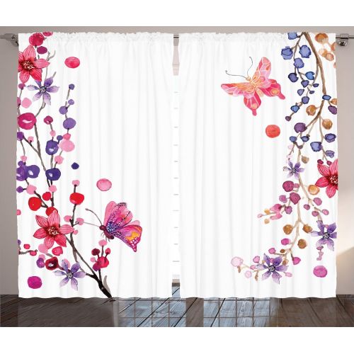  Ambesonne Bedroom Curtains Butterflies Decorations, Floral Art with Butterfly Magic of Believing Hope Exotic Healing Power, Living Room Bedroom 2 Panels Set, 108 X 84 inches, Pink