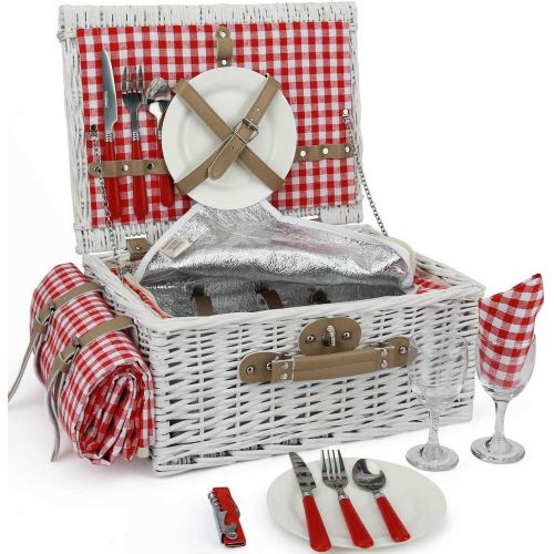  INNO STAGE Romantic Wicker Picnic Basket for 2 Persons, Special White Washed Willow Hamper Set with Big Insulated Cooler Compartment, Picnic Blanket and Cutlery Service Kit for Tha