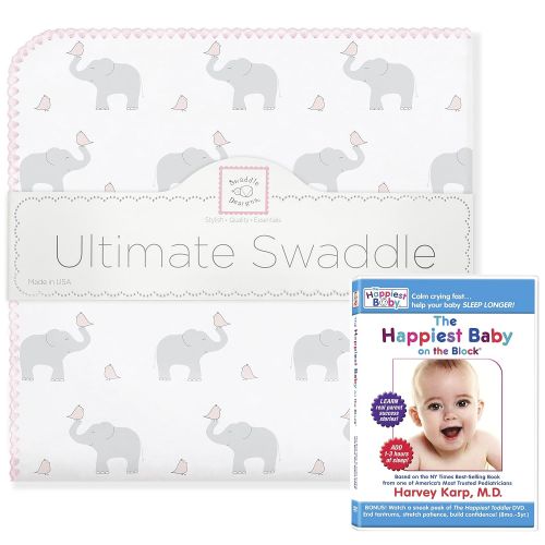  SwaddleDesigns Ultimate Swaddle, X-Large Receiving Blanket + The Happiest Baby DVD Bundle, Elephant and Pink Chickies (Moms Choice Award Winner)
