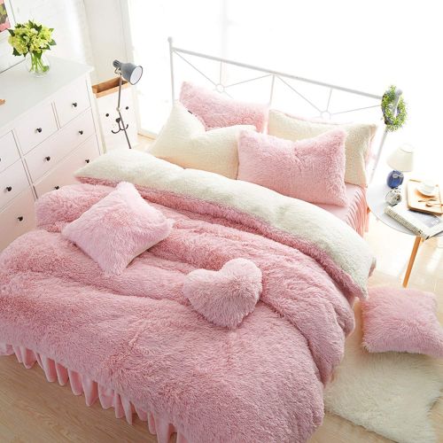 The fairy White Pink Fleece Bedding Set King Queen Twin Size Girls Bed Set Warm Soft Bed Sheet Duvet Cover Set Bed Skirt Parure Lit,1,Super King Size 7Pcs
