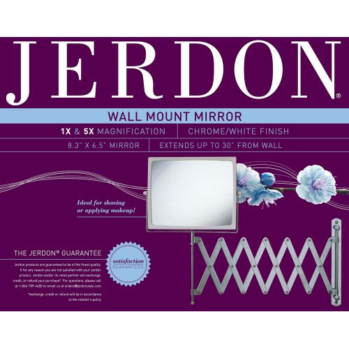  Jerdon J2020C 8.3-Inch Two-Sided Swivel Wall Mount Mirror with 5x Magnification, 30-Inch Extension, Chrome and White Finish