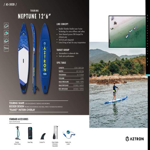 Roc Aztron Neptune Inflatable Stand up Paddle Board Touring 126 Double Chamber & Layer with Adjustable Aluminum Paddle and