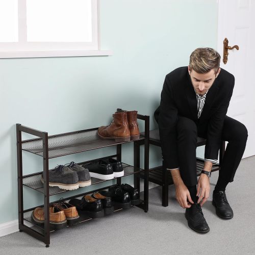  SONGMICS 3-Tier Stackable Metal Rack Flat & Slant Adjustable Shoe Organizer Shelf for Closet Bedroom Entryway 29.1 x 12.2 x 24.7 Inches Bronze ULMR03A