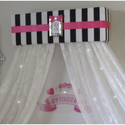  So Zoey Boutique Princess Bed Canopy Crown Valance French Paris Stripe Pink Black White Upholstered SALE