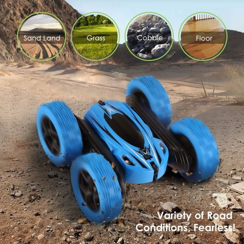  Zomma Remote Control Car RC Stunt Car, 4WD Monster Truck Double Sided Rotating Tumbling - 2.4GHz High Speed Rock Crawler Rechargeable Vehicle Toy with Headlights (Blue)