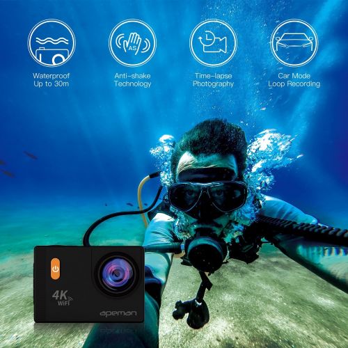 APEMAN 4K Action Camera WiFi 20MP Waterproof Underwater Cam Ultra 170 Angel 2 Inch LCD Display 2 Rechargeable Batteries30M Waterproof CaseCarrying BagFull Accessories Kits