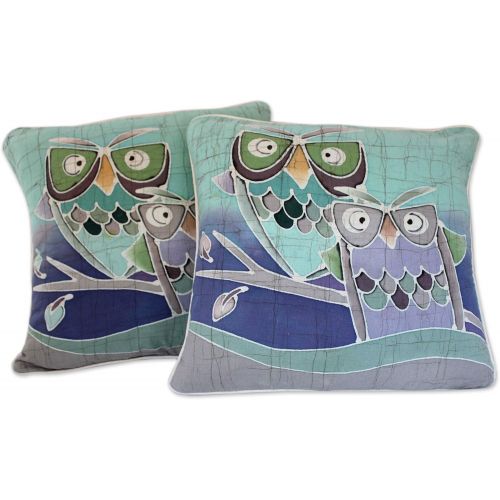  NOVICA Blue Cotton Batik Throw Pillow Covers, Mischievous Owls (Pair)