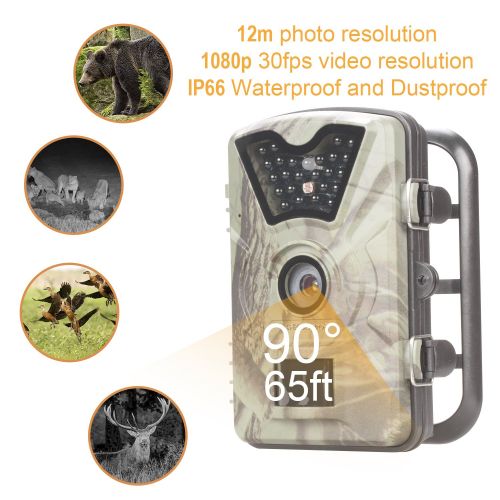  ECOOPRO Trail Camera 12MP 1080P HD Game Hunting Camera 65ft Infrared Night Vision,90°Detection Angle,24pcs 940nm IR LEDs,2.4 LCD Screen&Waterproof IP66 Wildlife Hunting Cam
