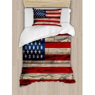 Ambesonne 4th of July Duvet Cover Set Twin Size, Wooden Planks Painted as United States Flag Patriotic Country Style, Decorative 2 Piece Bedding Set with 1 Pillow Sham, Red Beige N