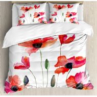 Ambesonne Watercolor Flower Duvet Cover Set, Poppies Wildflowers Nature Meadow Painting with Watercolor Effect, Decorative 3 Piece Bedding Set with 2 Pillow Shams, King Size, Orang