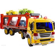 [아마존 핫딜] WolVol Friction Powered Transport Car Carrier Truck Toy for Boys and Girls, Lights and Sounds & Ramp (includes 4 plastic cars) - Batteries included