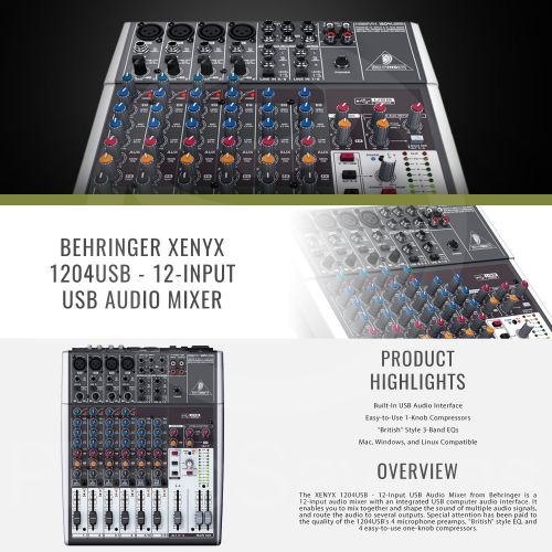  Behringer XENYX 1204USB 12-Input USB Audio Mixer with Samson Headphones and Assorted Cables Deluxe Bundle