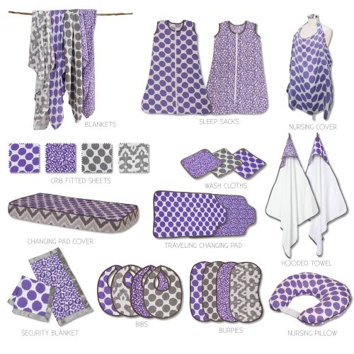  Bacati Ikat Chevron Muslin 10 Piece Crib Set with 2 Sheets, PurpleGrey