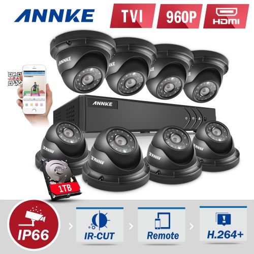  ANNKE Annke 8CH 960P Security Camera System, 1080N Video Security DVR W 8x 960P 1.3MP IndoorOutdoor Weatherproof CCTV Dome Camera, Smart Playback, Email Alert with Image, One 1TB HDD