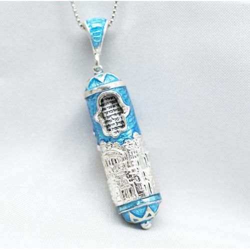  Enamel Jewelry Boutique Sterling Silver Mezuzah Necklace Jerusalem w Hamsa, Judaica Pendant w Turquoise Enamel, Jewish Jewelry For MenWomen Sacred Pendant w Hebrew Prayer Jewish Jewelry Bat-Mitzvah Gift