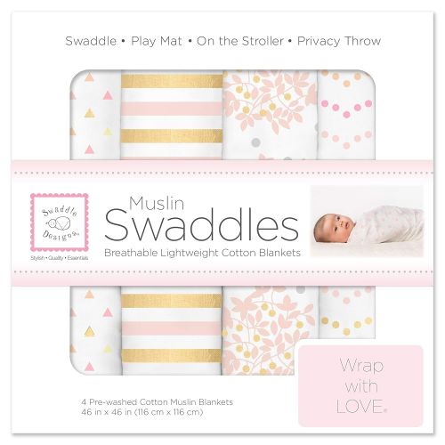  SwaddleDesigns Cotton Muslin Swaddle Blankets, Set of 4, Pink Shimmer