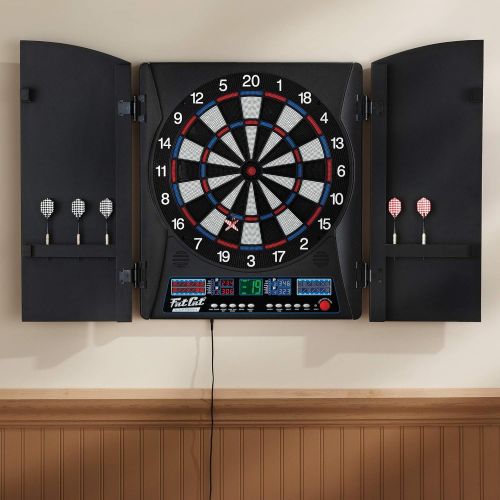  Fat Cat by GLD Products Fat Cat Electronx Electronic Dartboard, Built In Cabinet, Solo Play With Cyber Player, Dual Screen Scoreboard Display, Extended Catch Ring For Missed Darts, Classic Door Look Match
