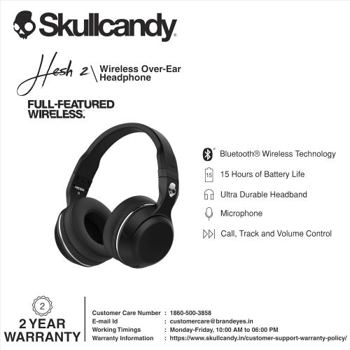  Skullcandy Hesh 2 Bluetooth Wireless Over-Ear Headphones with Microphone, Supreme Sound and Powerful Bass, 15-Hour Rechargeable Battery, Soft Synthetic Leather Ear Cushions, Black