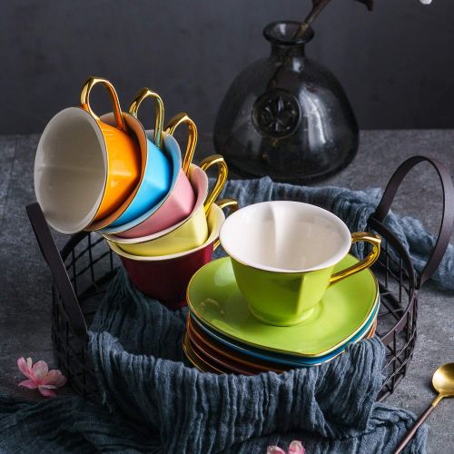  Artvigor, Porzellan Kaffeeservice, Bunt 12 teilig Kaffee Set, mit je 6 Kaffeetassen 150 ml und Untertassen, Herz-Design