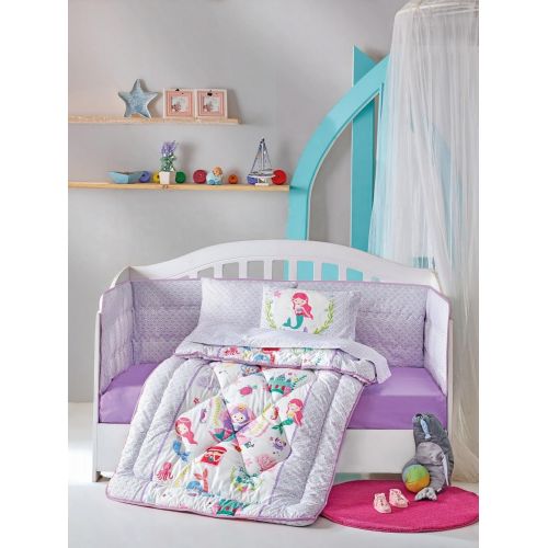  DecoMood Princess Mermaid - 100% Cotton Nursery Crib Set for Girls, 6 Pieces Baby Comforter/Quilt Set with Crib Bumper, Comforter, Crib Sheet, Pillowcases