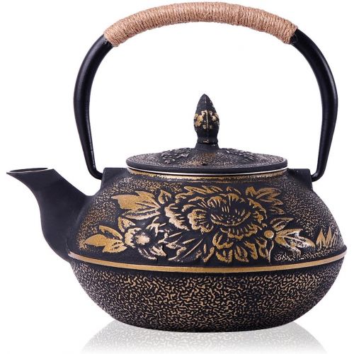  JUEQI 900 ML Old Dutch Cast Iron Teapot, Enamel Craft Japanese Cast Iron Tea Kettle with Stainless Steel Infuser Strainer, Enamel-Coated Interior Peony Pattern