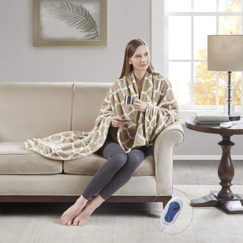 뷰티레스트 Beautyrest - Plush Heated Throw Blanket  Secure Comfort Technology Oversized 60 x 70- Teal - Ogee Pattern in White - Cozy Soft Microlight Heated Electric Blanket Throw - 3-Settin