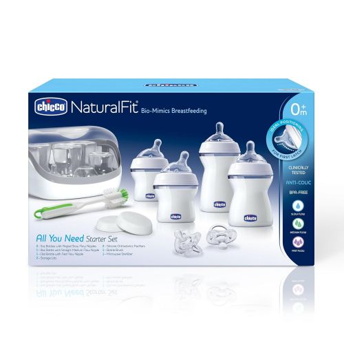 치코 Chicco NaturalFit Baby Bottles All You Need Starter Set with Bottle Sterilizer, Bottle Brush, Orthodontic Pacifiers and Storage Lids