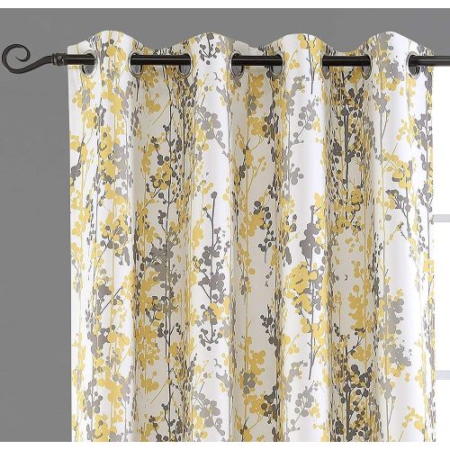  DriftAway Leah Abstract Floral Blossom Ink Painting Room DarkeningThermal Insulated Grommet Unlined Window Curtains, Set of Two Panels, Each Size 52x84 (YellowSilverGray)