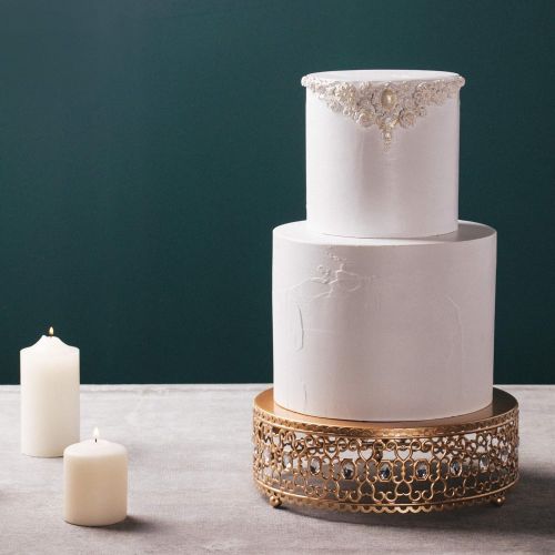  Amalfi Decor 3-Piece Cake Stand Riser Set, Rhinestone Crystal Gem Dessert Cupcake Display Pedestal Jeweled for Weddings Events Birthdays Parties Food Tower Plate (Gold)
