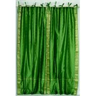 Indian Selections Forest Green Tie Top Sheer Sari CurtainDrape  Panel - 60W x 63L - Pair