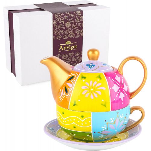  Artvigor, Tea for one Set, Porzellan Teeservice, 4-teilig, 400 ml + 300 ml, Bunt