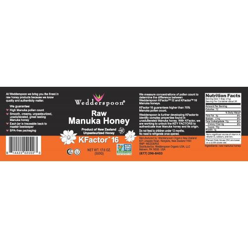  Wedderspoon Raw Premium Manuka Honey KFactor 16, 17.6 Oz, Unpasteurized, Genuine New Zealand Honey, Multi-Functional, Non-GMO Superfood