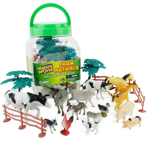  Boley Small Bucket Farm Animal Toys - 40 Piece Farm Animal Toy playset with Animals and Accessories - Small Bucket Allows for Easy Storage and Quick cleanup of Your Childs Pretend
