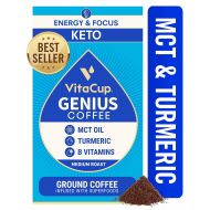 [아마존 핫딜]  [아마존핫딜]VitaCup Genius Blend Ground Coffee Bags 12oz Energy & Focus | MCT, Turmeric & Cinnamon | Keto | Paleo | Whole 30 | Vitamins B1, B5, B6, B9, B12, D3 | for Drip Coffee Brewers & Fren