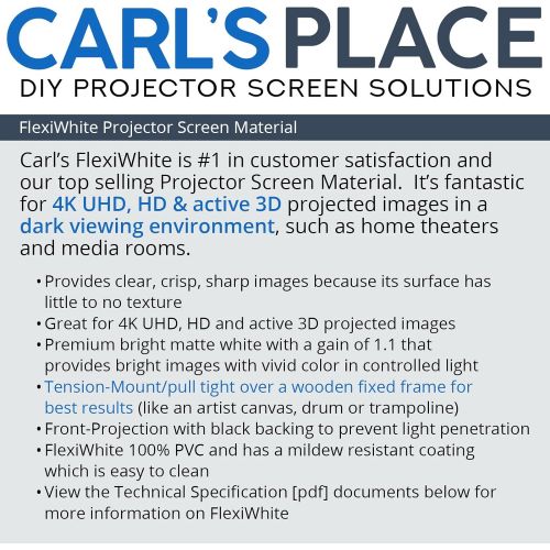 Carls Place Carl’s FlexiWhite Projector Screen Material (16:9 | 86x153 | 175-in | Rolled) HD & Active 3D, Matte White, DIY Projector Screen, Dark Rm, Controlled Ambient Light, Tensioned, Raw P