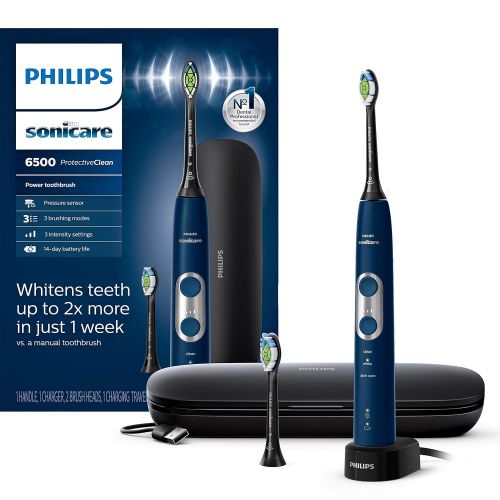 필립스 Philips Sonicare Protective Clean 6100 Whitening Rechargeable Electric Toothbrush With Pressure Sensor and Intensity Settings, Hx687149, Navy Blue, 1 Count