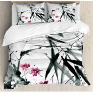Girls bedding Ambesonne Japanese Duvet Cover Set, Natural Bamboo Stems Cherry Blossom Japanese Inspired Folk Print, Decorative 3 Piece Bedding Set with 2 Pillow Shams, Queen Size, Green Fuchsia