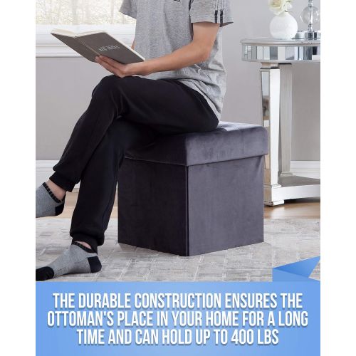 Ornavo Home Foldable Tufted Velvet Square Storage Ottoman Cube Foot Rest Stool/Seat - 15 x 15 x 15 (Grey Velvet)