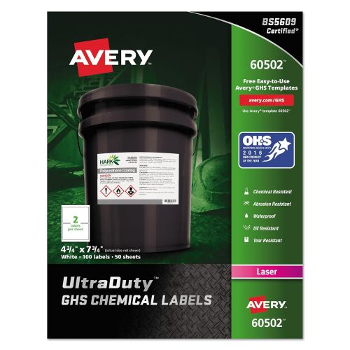  Avery UltraDuty GHS Chemical Labels for Laser Printers, Waterproof, UV Resistant, 4.75 x 7.75, 100 Pk(60502)